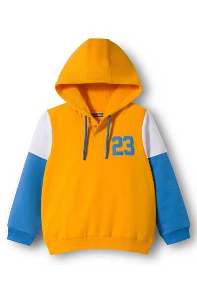 Pine kids سويت شيرت محبوك بأكمام طويلة وغطاء رأس، بتصميم 23 نصًا - أصفر وأزرق