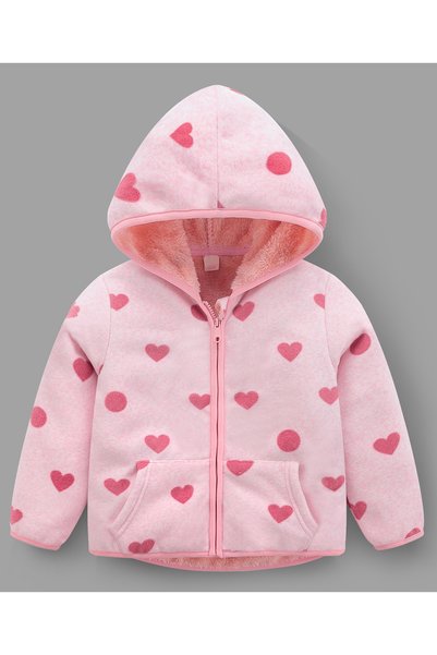 SAPS All Over Heart Printed Full Sleeves Front Zippered Hoodie - Pink
