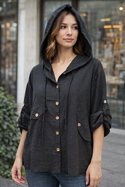 AGORATEKSTİL Women's Cotton Fabric Hooded Long Sleeve Design Shirt