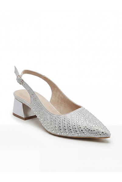 akerler Women's Short Thick Heel Silver Stone Evening Dress Shoes Pm89