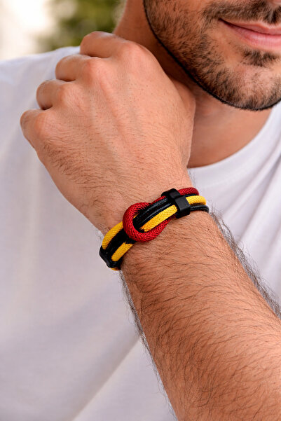 HER ŞEY NOTA www.herseynota.com Sarı Kırmızı Hakiki Deri Örgü Erkek Bileklik