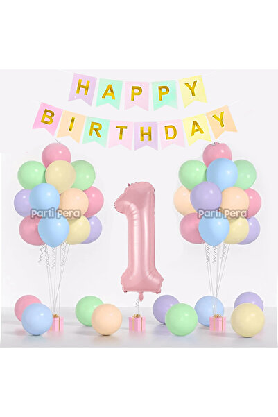 parti pera 1 Yaş Makaron Balon Seti Pembe Rakam Folyo Balon Happy Birthday Ya...
