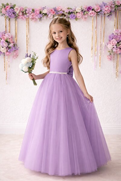 SUNEH Κοριτσίστικο φόρεμα μπάλας από τούλι σε λιλά απόχρωση με πέρλες στη μέσ...