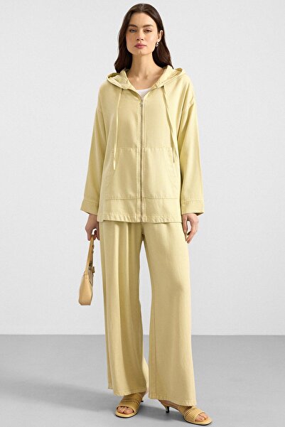 Olcay Zipper Closure Hooded Soft Denim Jacket and Trousers Two-Piece Set Yell...