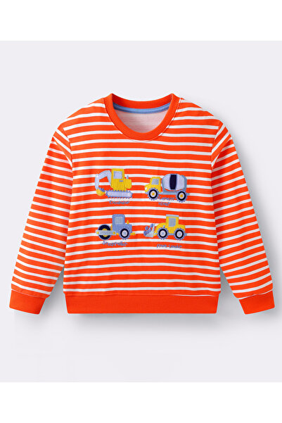 SAPS Vehicle Embroidered and Striped Full Sleeves Sweatshirt - Orange