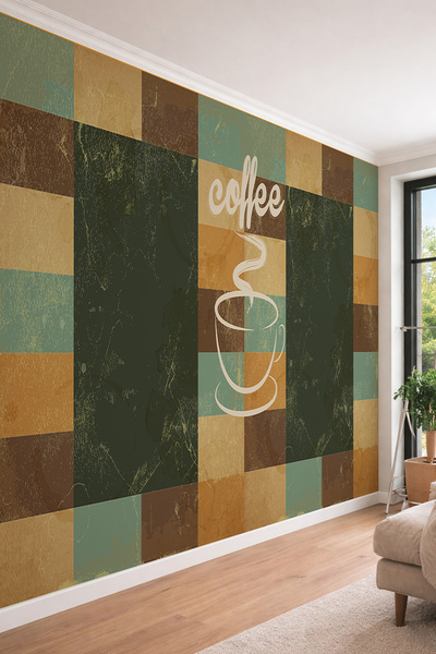 dreamwall Coffee Yazılı Geometrik Desenli Tekstil Duvar Kağıdı - Kafe ve Ofis...