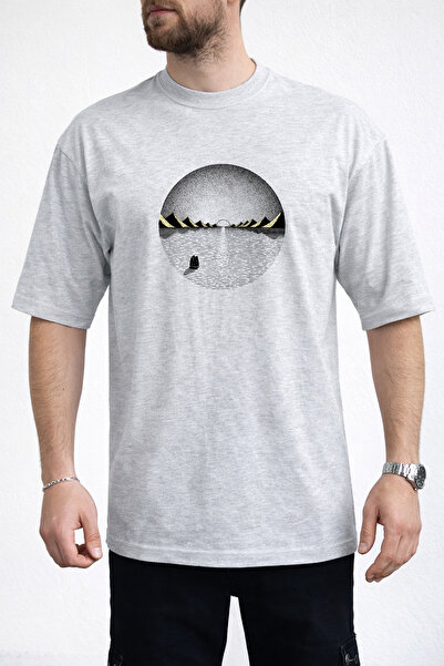 caddekombin Men's Circular Form Mountain and Water Themed Crew Neck Gray T-Shirt