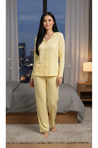 MELİBRA Corded Fabric Soft Cotton Bow Detail Long Sleeve Women's Pajama Set