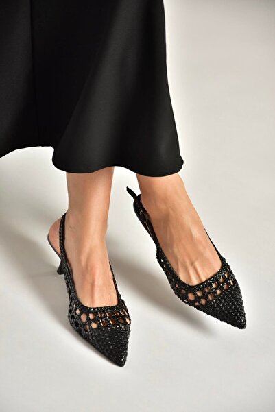 Fox Shoes Y820026509 Pantofi de damă cu toc mic și detalii tricotate negre