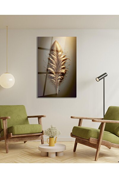 idealizbiz Pictură abstractă din sticlă cu pene aurii, modernă, pentru birou,...