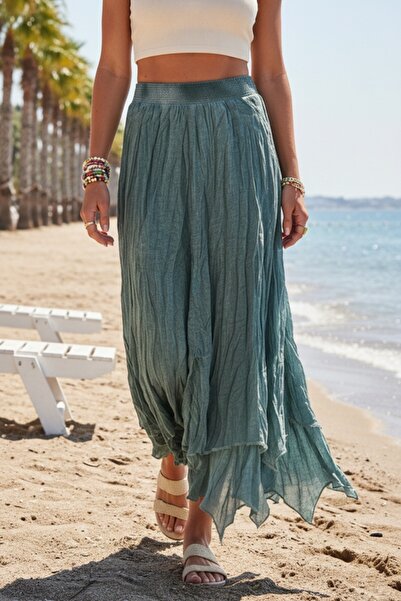 Chiccy Petrol Green Lined Washable Fringed Cut Elastic Waist Casual Cotton Wo...