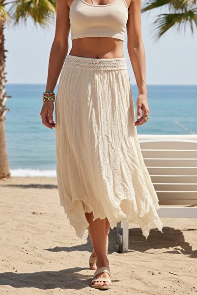 Chiccy Beige Lined Washable Fringed Cut Elastic Waist Casual Cotton Woven Ski...