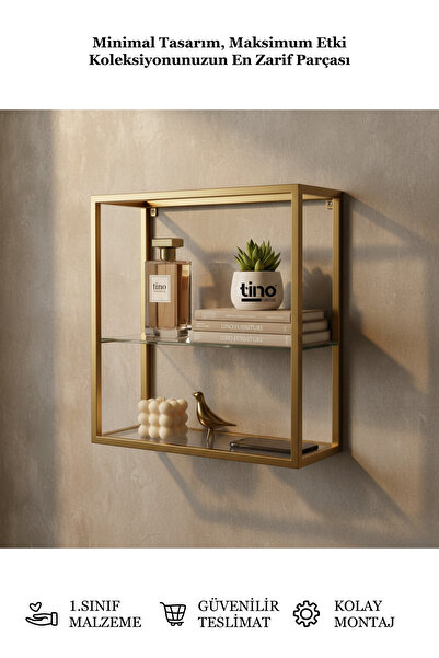 tino furniture Lotti Gold Metal Camlı Duvar Rafı - Mutfak, Banyo ve Yatak Oda...