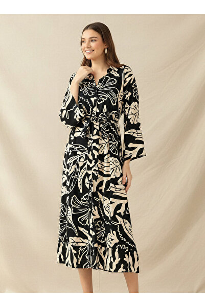 FAV Leaf Print Viscose Women Shirt Dress with Belt