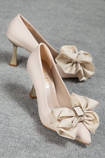 Mc vay Shoes Vegan Leather Gold Thin Heel Satin Bow Detailed Stylish Women's ...