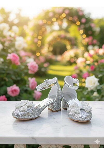 SGF KIDS Silver Glass Crushed Crystal Stone Bow Heel Shoes for Evening Wear