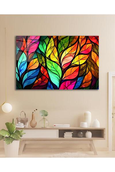 idealizbiz Αφηρημένη πολύχρωμη γυάλινη ζωγραφιά με φύλλα, διακόσμηση τοίχου γ...