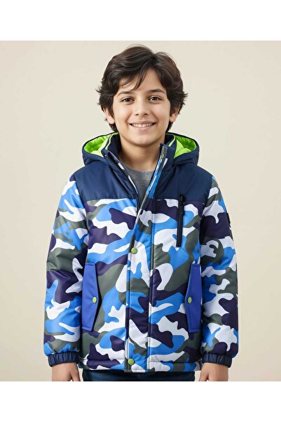 Pine kids Woven Full Sleeves Hooded Padded Jacket With Camouflage Print - Blue