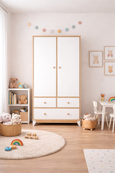 Koza % 100 MDF Bonnie Ahşap Beyaz 2 Kapılı Bebek&Çocuk Gardırop