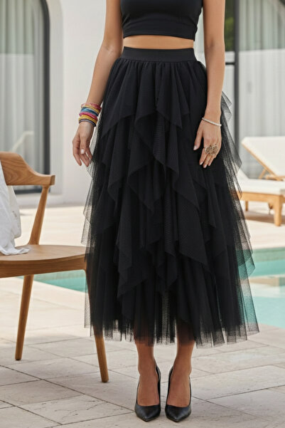 Chiccy Black Lined Tulle Layered Casual Long Woven Skirt 90 50