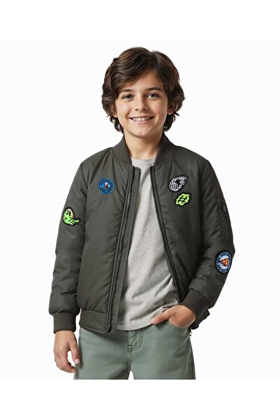 Pine kids Woven Full Sleeves Bomber Jacket with Patch Detailing - Olive Green