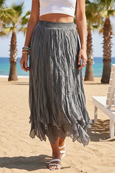 Chiccy Gray Lined Washable Fringed Cut Elastic Waist Casual Cotton Woven Skir...