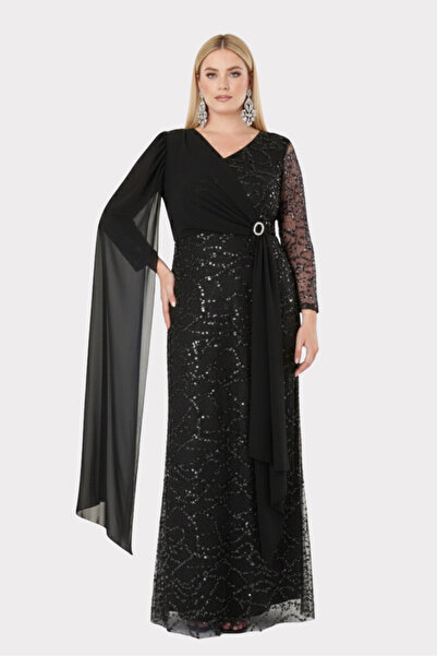 LİLAS XXL Women's Plus Size V-Neck Cape Detailed Sequin Embroidered Long Even...