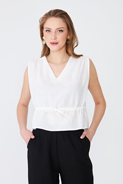 Sortie Women's V-Neck Linen Vest with Lace Detail - Ecru