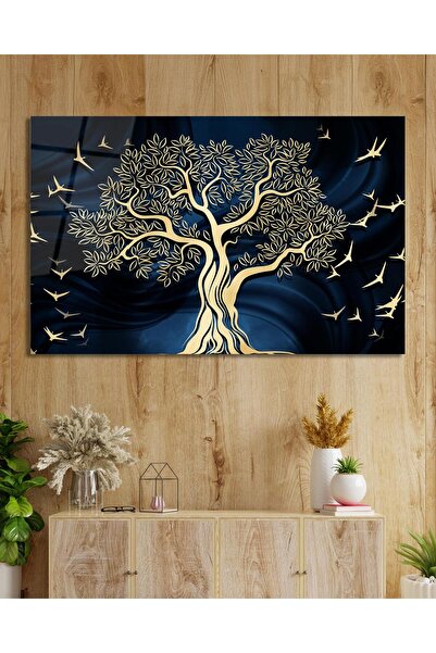 idealizbiz Tablou abstract din sticlă cu copac auriu, modern, pentru birou, c...