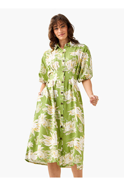 FAV فستان نسائي مطبوع عليه زهور، بتصميم قميص وياقة، مصنوع من الفسكوز.