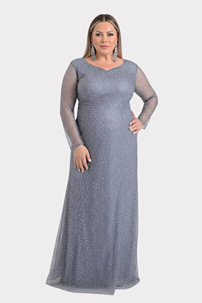 LİLAS XXL Women's Plus Size Sweetheart Neck Long Sleeve Evening Dress 9471 Gray