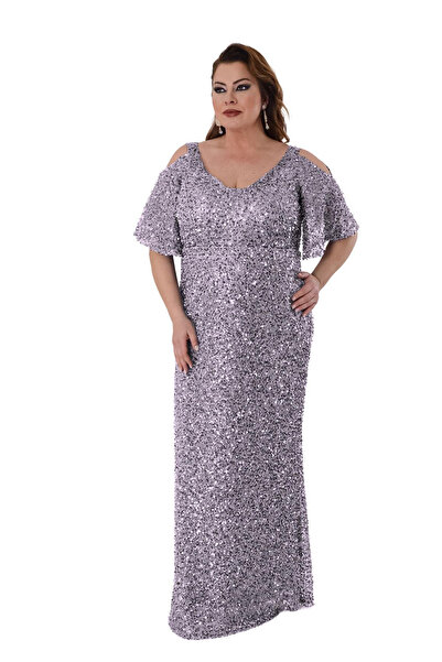 LİLAS XXL Women's Plus Size Full Sequin Embroidered Half Sleeve Maxi Length E...