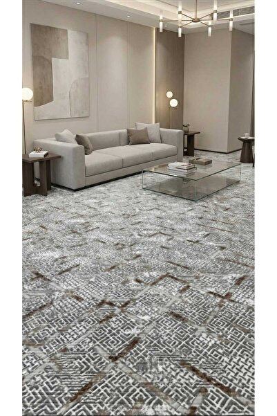 Nesrin JEL TABAN KAYMAZ MODERN GRİ KAHVERENGİ DESENLİ GÜZEL SALON KESME HALI ...