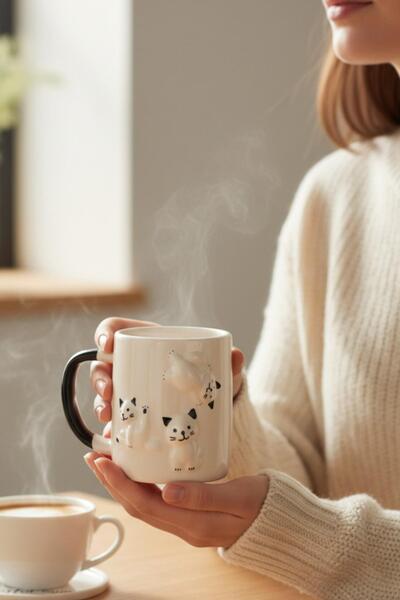 ALBETTO Ceramic Embossed Mug with 3 Cats -300Ml