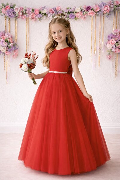 SUNEH Κοριτσίστικο φόρεμα μπάλας από τούλι με κόκκινη μέση διακοσμημένη με πέ...