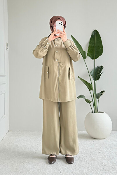 Tesettür Diyarı Σετ υφασμάτινο τεσσέττουρ με φερμουάρ Elora Tansel - Χακί