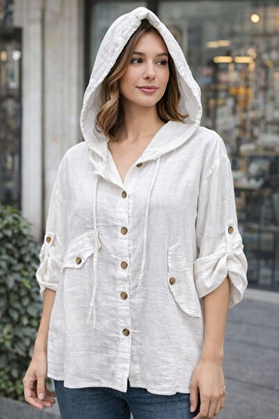 AGORATEKSTİL Women's Cotton Fabric Hooded Long Sleeve Design Shirt