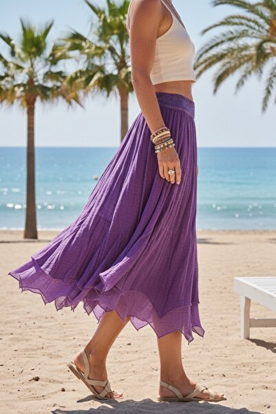 Chiccy Fusta casual din bumbac țesut, cu căptușeală mov, lavabilă, cu tăietur...