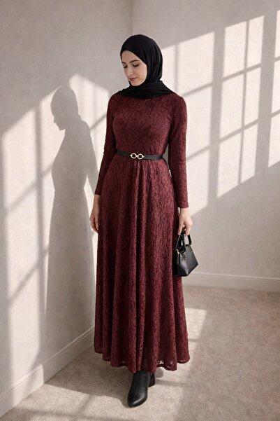Kirazgym Lined Guipure Lace Dress with Belt - Burgundy