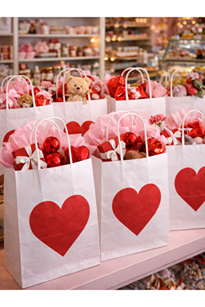 MEZ-PACK SEVGİLİLER GÜNÜ ÖZEL KRAFT ÇANTA KALP DESENLİ TATLI HEDİYE POŞET ÇAN...