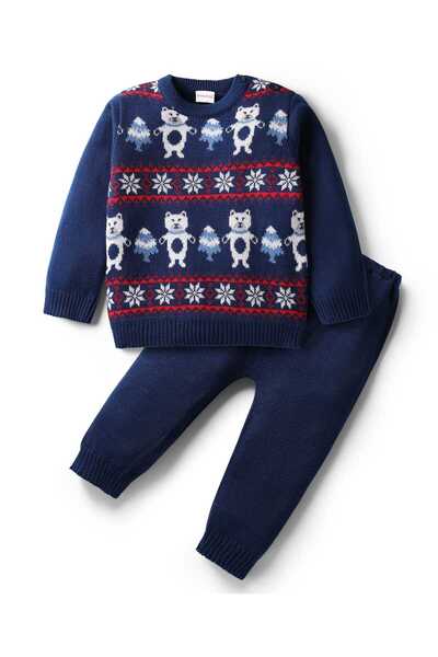 Babyhug Knit Full Sleeves Pullover Sweater & Pants Set with Floral Design - N...
