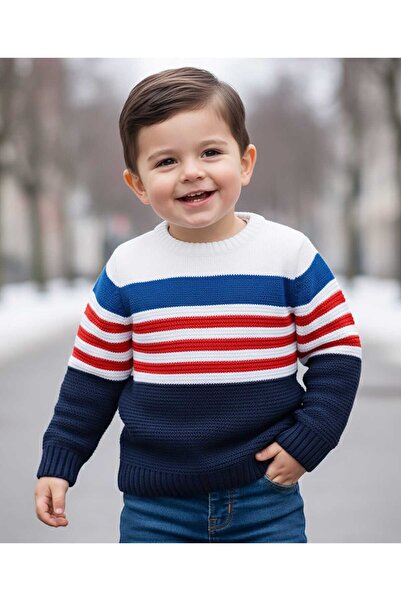 Babyhug Knit Full Sleeves Pullover with Stripe Design - White & Navy Blue