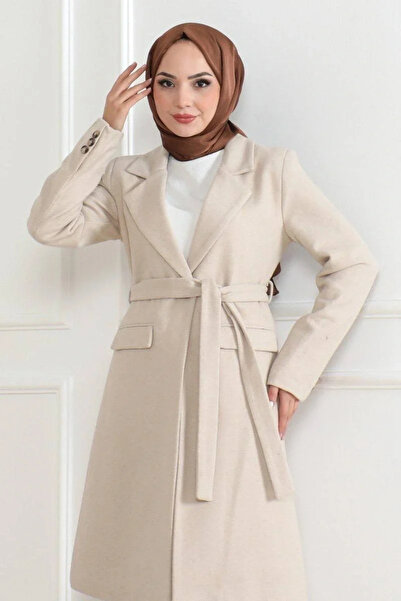 BLACK MODBLACK Women's Wool Coat – Long Double-Breasted Collar, Belted Tunic ...