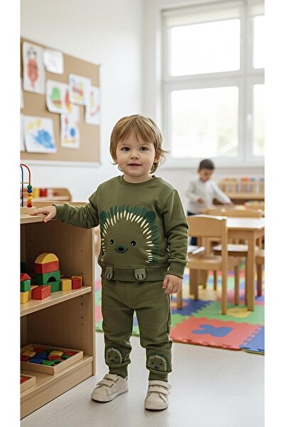Sinem Çeyiz Alg 1264304 Khaki Hedgehog Printed Tracksuit Set with Ribbon Insi...