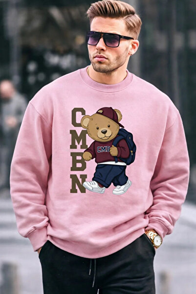 COMBİNE MİCHAİL سويت شيرت رجالي مطبوع قصة فضفاضة باللون الوردي