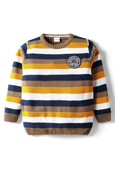 Babyhug Knitted Full Sleeves Striped Pullover Sweater with Patch Detailing - ...