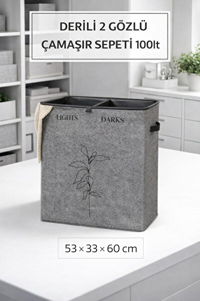 PONÇİK BEBEK Dirty Laundry Basket Two-Compartment Folding Basket Bathroom Bas...