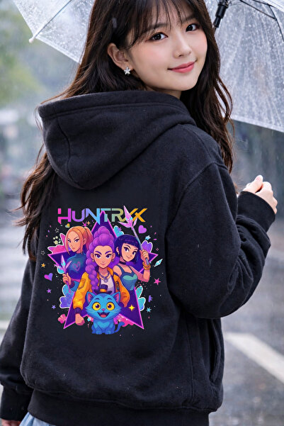 MECH BUTİK K-Pop Demon Huntrix Μαύρο Νέο Φούτερ με Κουκούλα και Στάμπα