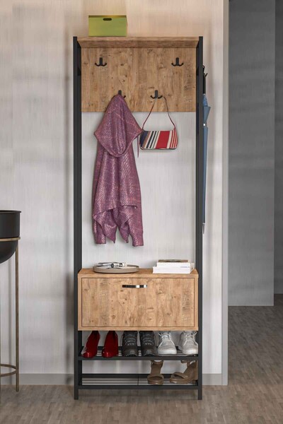 Reyo Falez Portmanto Metal Ahşap Askılık Mini Vestiyer Portmanto Ayakkabılık Çam