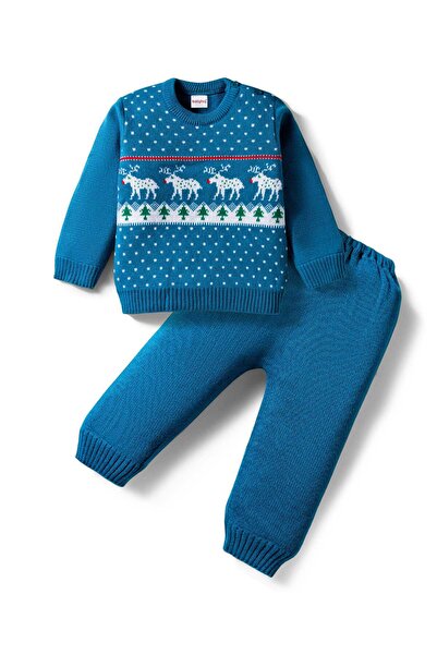 Babyhug Knit Full Sleeves Sweater Set with Fair Isle Design - Teal Blue